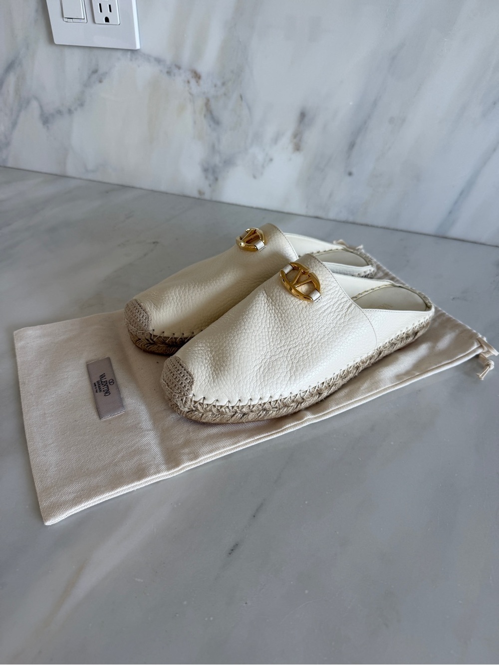 Valentino Cream Leather Espadrille Mules with Gold Logo